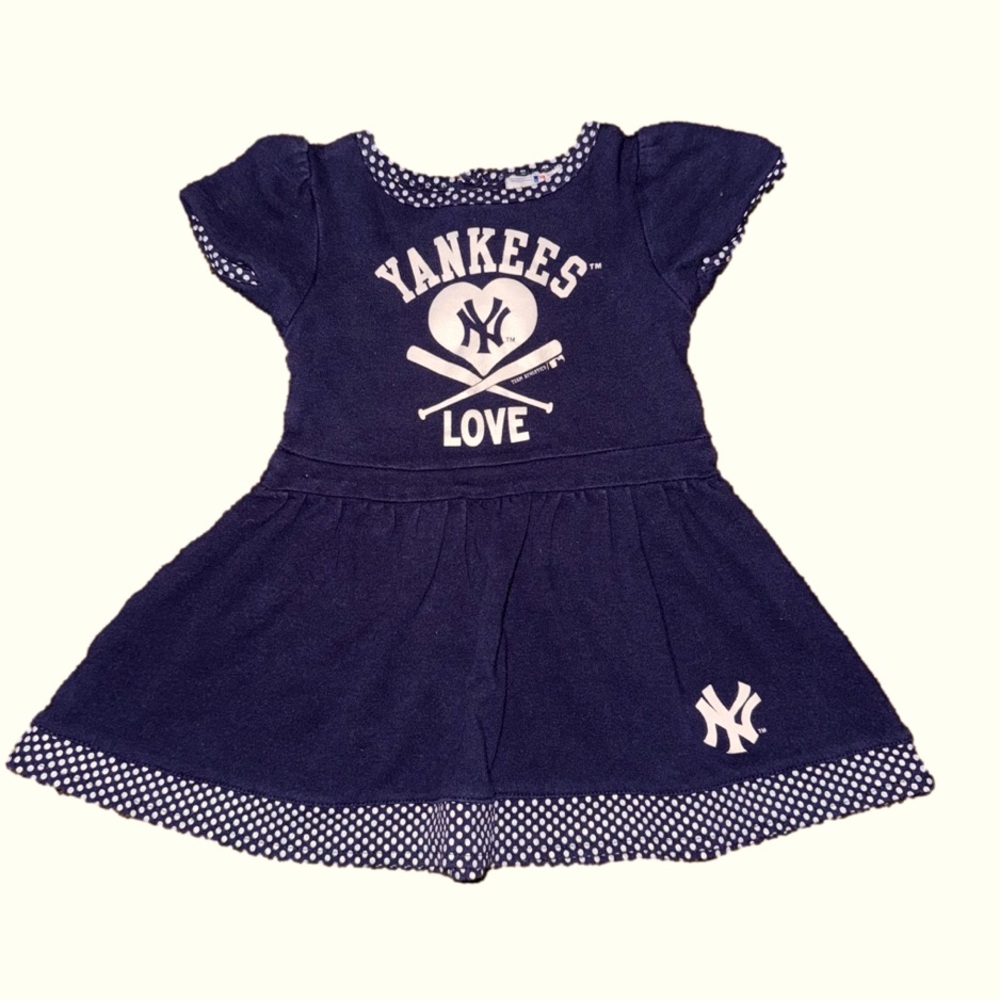 Yankees fans? Cute MLB toddler dress  crossed bat graphic - polka dot trim #765
